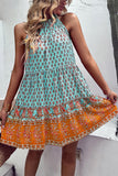 Halter Neck Bohemian Style Printed Green Summer Dress