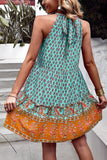 Halter Neck Bohemian Style Printed Green Summer Dress