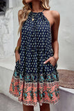 Halter Neck Bohemian Style Printed Green Summer Dress