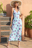 Blue Floral V-Neck Boho Maxi Summer Dress