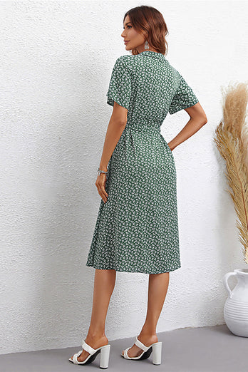 Green Printed V-Neck Short Sleeves Summer Dress