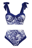 High Waist Printed Dark Blue 3 Piece Swimwear Set with Beach Dress