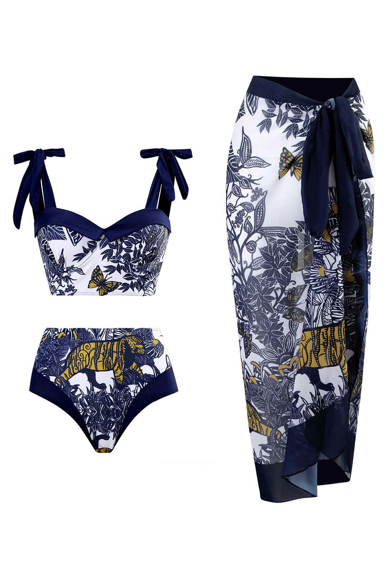 Load image into Gallery viewer, High Waist Printed Dark Blue 3 Piece Swimwear Set with Beach Dress