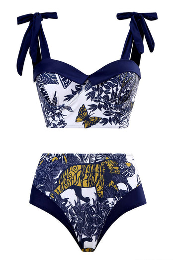 High Waist Printed Dark Blue 3 Piece Swimwear Set with Beach Dress