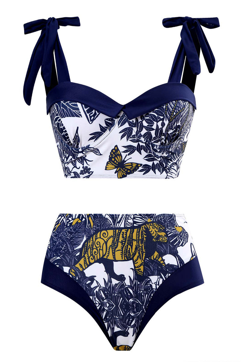 Load image into Gallery viewer, High Waist Printed Dark Blue 3 Piece Swimwear Set with Beach Dress