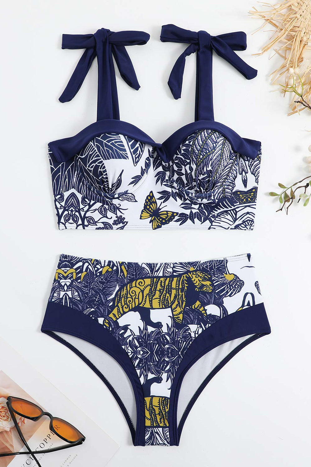 High Waist Printed Dark Blue 3 Piece Swimwear Set with Beach Dress