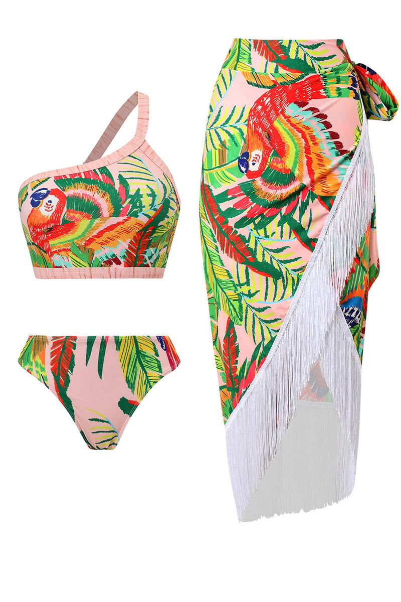 Load image into Gallery viewer, Orange 3 Piece Printed Bikini Set with Tassel Beach Dress