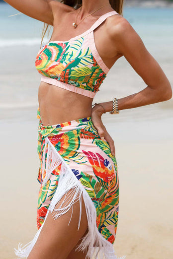Orange 3 Piece Printed Bikini Set with Tassel Beach Dress