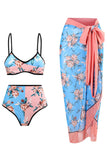 Floral Printed 3 Piece Bikini Set with Beach Skirt