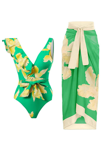 Two Piece Printed Green Bikini Set with Beach Skirt