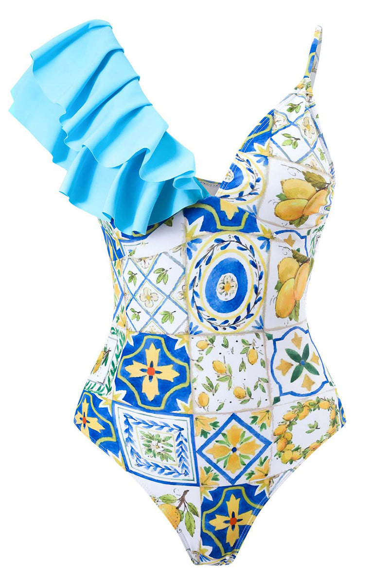 Load image into Gallery viewer, Blue Printed High Waist One Piece Swimwear