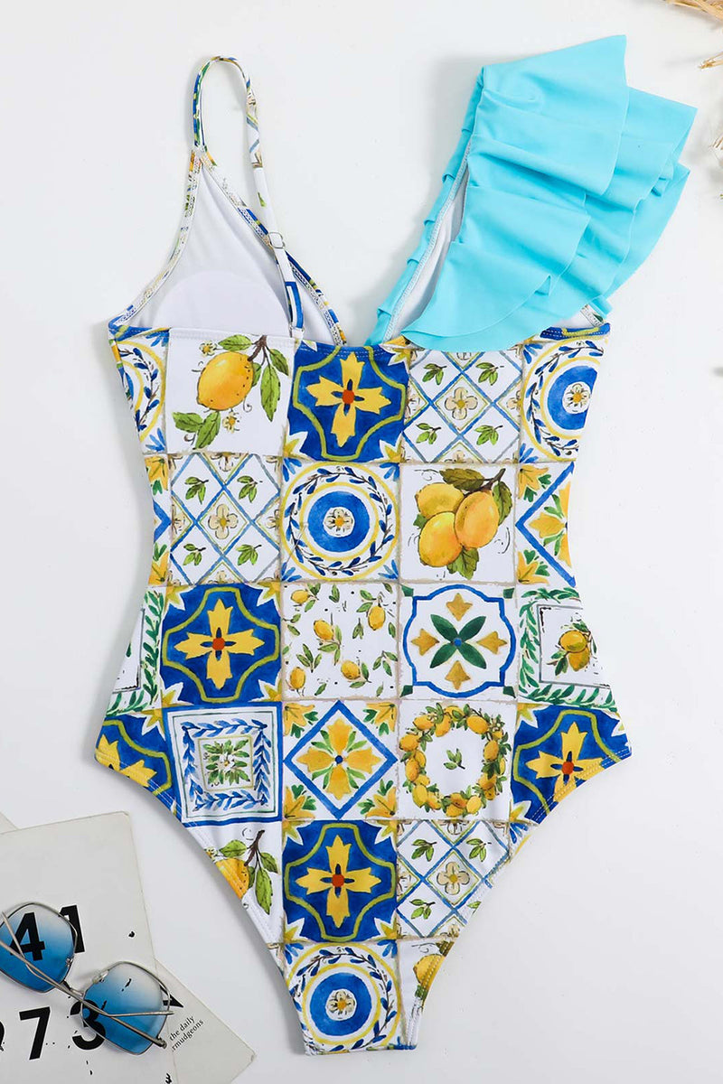Load image into Gallery viewer, Blue Printed High Waist One Piece Swimwear