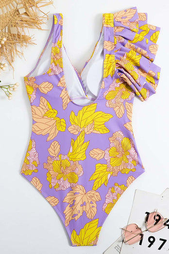 Flower Printed High Waist One Piece Purple Swimsuit