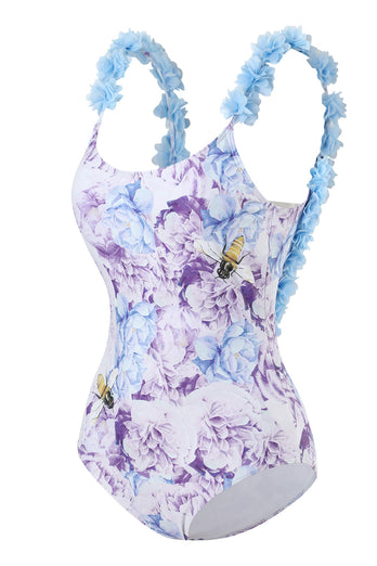Blue Printed High Waist One Piece Swimwear with Flowers