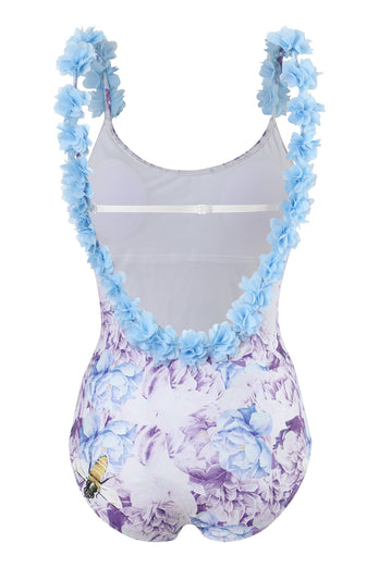 Blue Printed High Waist One Piece Swimwear with Flowers