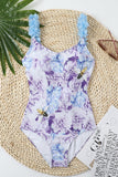 Blue Printed High Waist One Piece Swimwear with Flowers