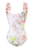 Blue Printed High Waist One Piece Swimwear with Flowers