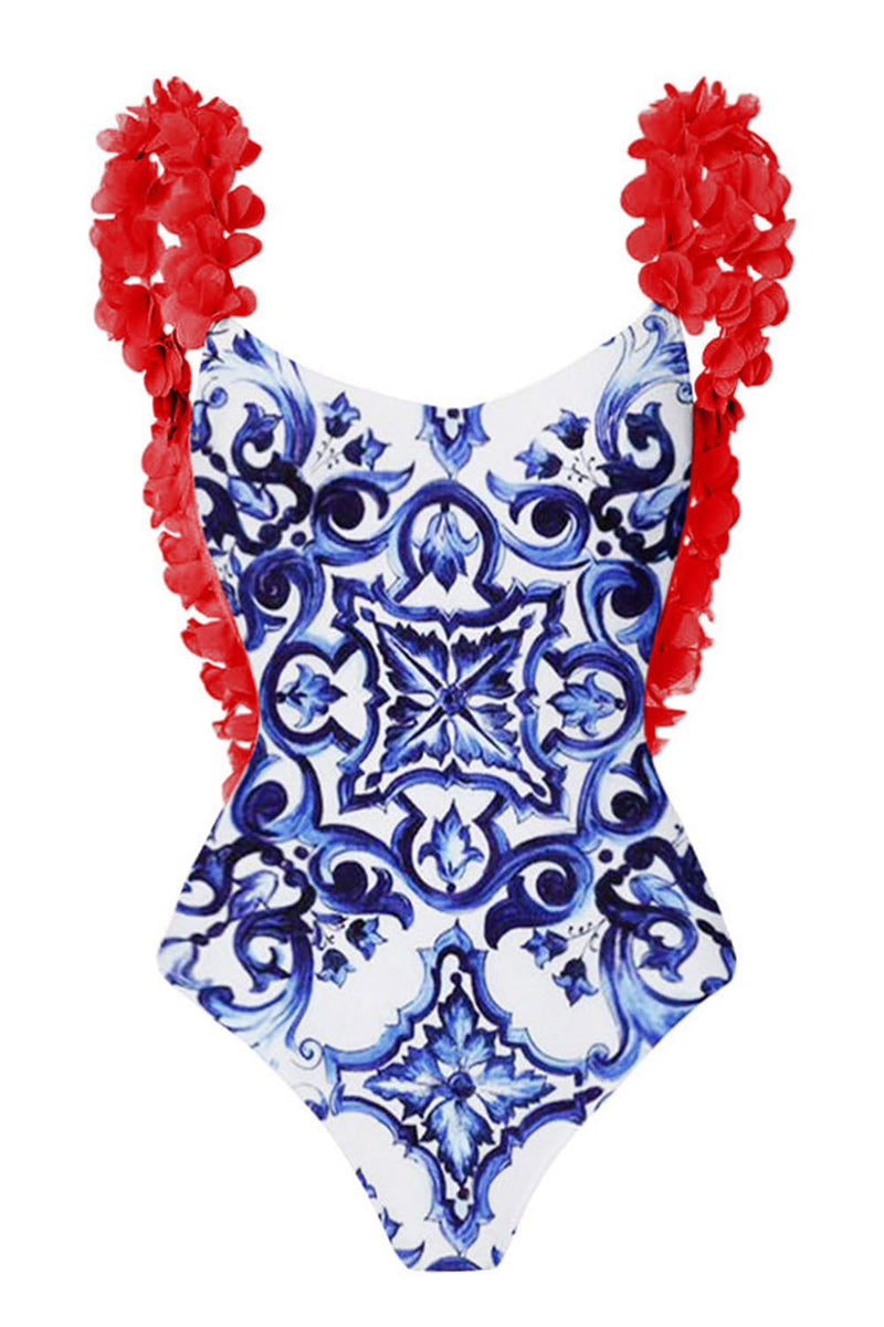 Load image into Gallery viewer, Blue Printed High Waist One Piece Swimwear with Flowers