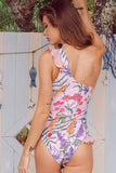 One Shoulder Pink Ruffled One Piece Swimwear