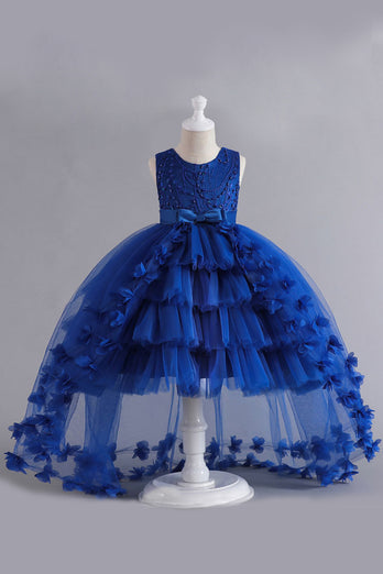 Blue High Low Girls' Dress With Bowknot