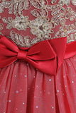 Red A Line Beaded Girls' Dress With Bow