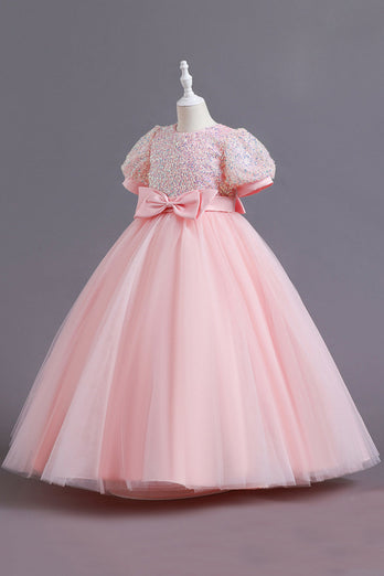 Sequin Pink A Line Short Sleeves Girls' Dress With Bow