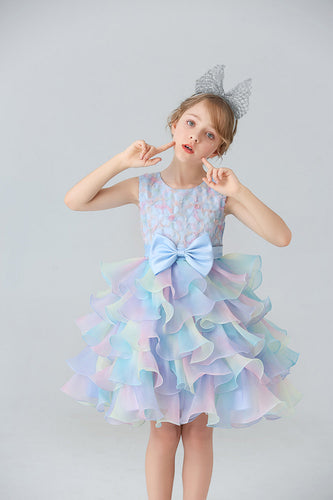 Blue Tulle Tiered Girls' Dress with Bows