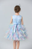 Blue Tulle Tiered Girls' Dress with Bows