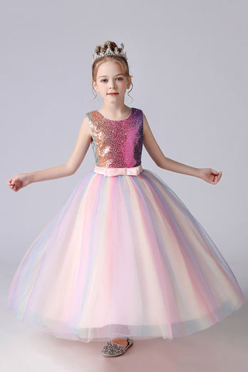 A-Line Sparkly Pink Sequins Kids Girls' Dress with Bows
