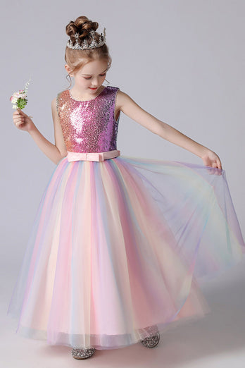 A-Line Sparkly Pink Sequins Kids Girls' Dress with Bows
