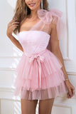 One Shoulder Tulle Pink Cocktail Dress with Bow