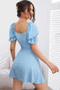 Load image into Gallery viewer, Blue Puff Sleeves Short Party Dress