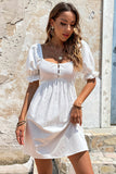 White Square Neck Mini Graduation Dress With Short Sleeves