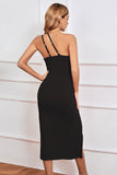 Black One Shoulder Sheath Graduation Dress With Split Front