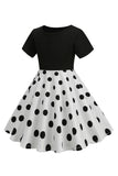 White Polka Dots Girls' Dress With Short Sleeves