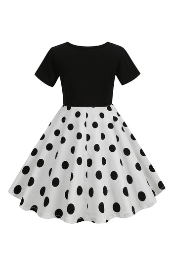 White Polka Dots Girls' Dress With Short Sleeves