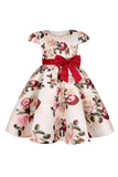 Blue Floral Girls' Dress with Bowknot