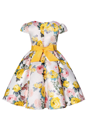 Blue Floral Girls' Dress with Bowknot