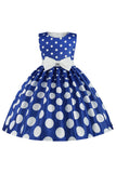 Dark Blue Polka Dots Girls' Dress with Bowknot