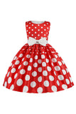 Dark Blue Polka Dots Girls' Dress with Bowknot