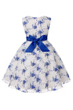 Blue Embroidery Lace Girls' Dress with Bowknot