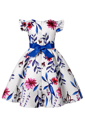 Blue Puff Sleeves Girls' Party Dress with Bowknot