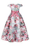 Blush Print Floral Long Girls' Dress with Bowknot