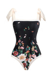 Vintage Printed Black One Piece Swimwear Set with Beach Skirt