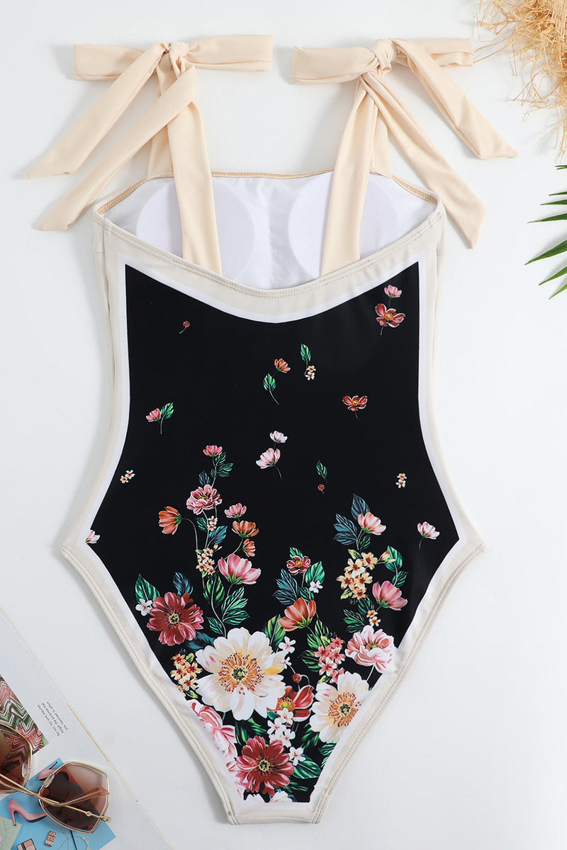 Load image into Gallery viewer, Vintage Printed Black One Piece Swimwear Set with Beach Skirt