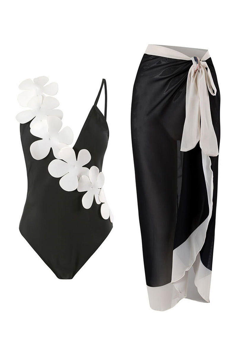 Load image into Gallery viewer, One Piece High Waist Black Swimwear with Flower