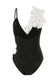 One Piece High Waist Black Swimwear with Flower