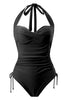 Load image into Gallery viewer, One Piece Halter Neck Black Swimwear with Drawstring