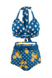 Blue Two Piece High Waist Polka Dots Swimwear