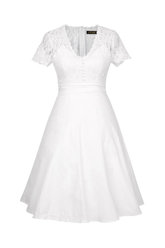 White Solid V-neck 1950s Dress with Lace